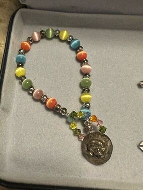 Pastel Multicolor Bead Bracelet with Medal Charm by